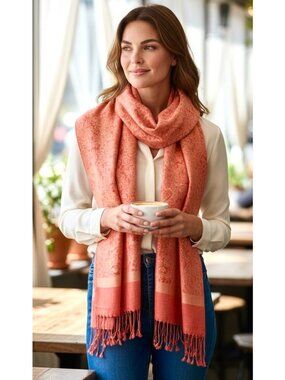 Red/Orange Paisley Pashmina Wrap Pashmina & Silk Jacquard